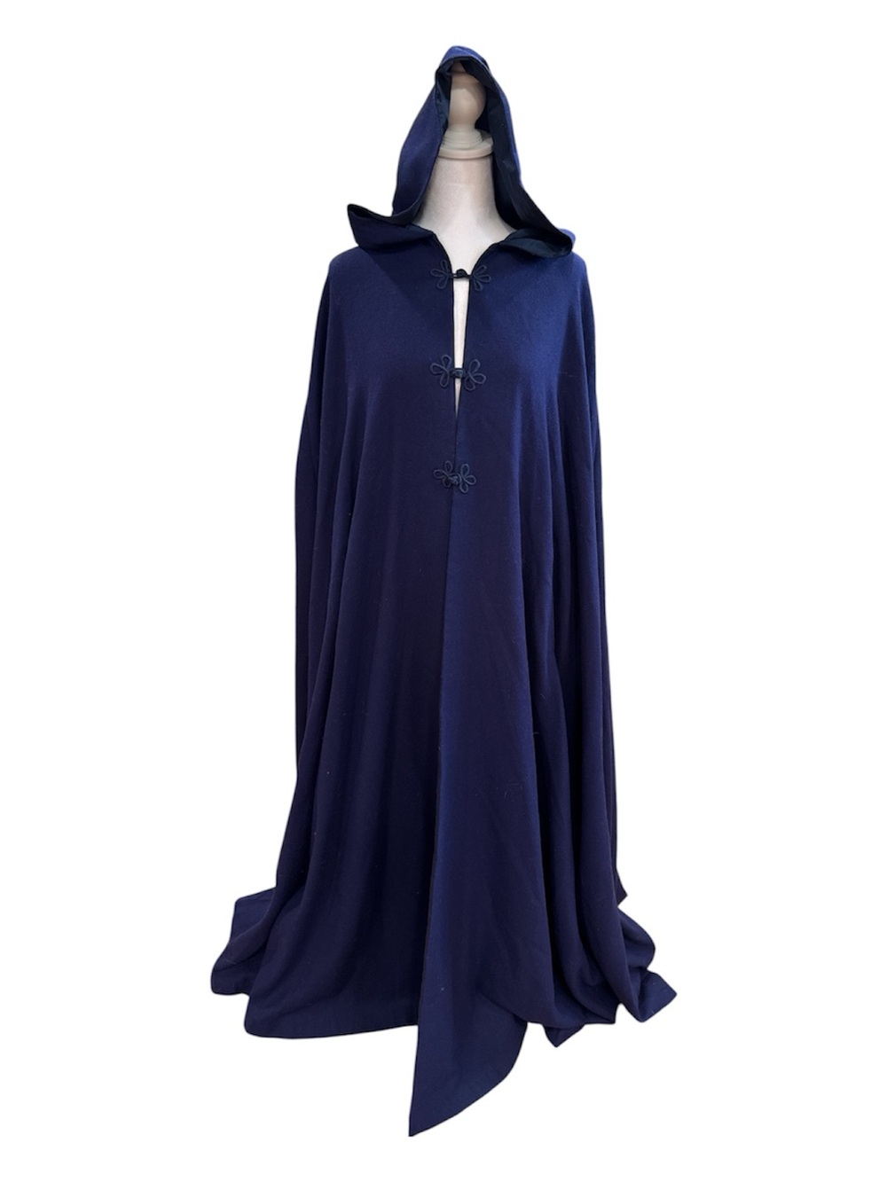 Vintage Navy Blue Heavyweight Hooded Cloak Cape Full Circle Cut, Satin Lined